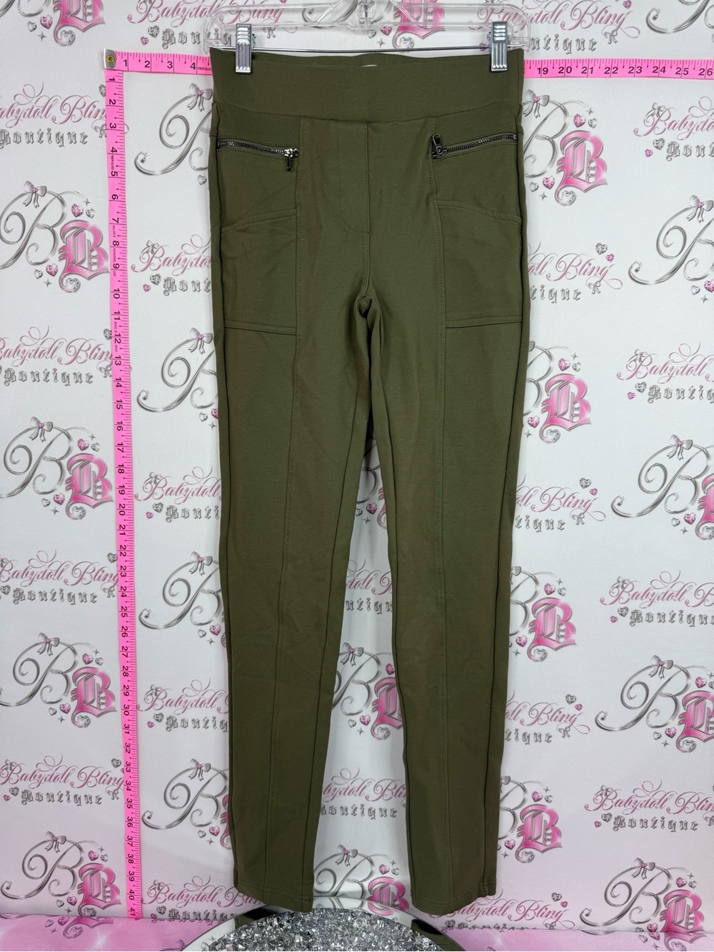 Suzy Shier Olive Green Ponte Skinny Pants with Zip Pockets